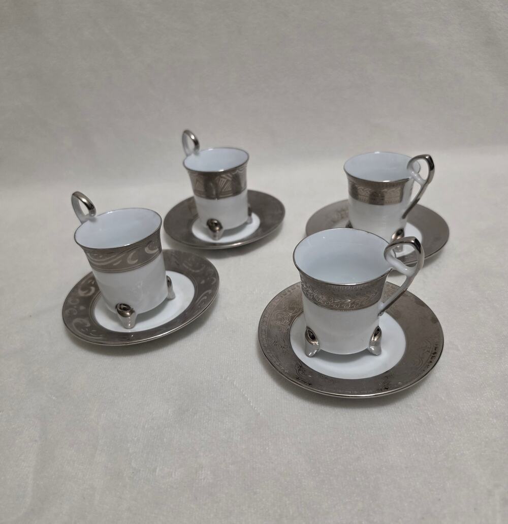 VTG Formalities by Baum Bros Silver Platinum Trim Footed Demitasse Cups & Saucer